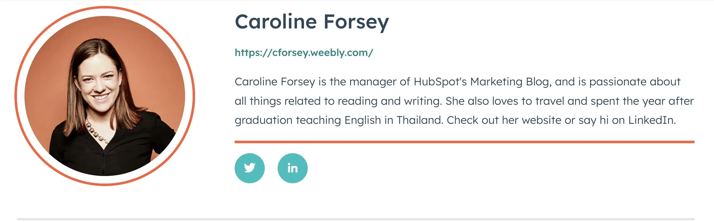 Profile of Caroline Forsey, manager of HubSpot’s Marketing Blog, with a photo, bio, and social media icons for Twitter and LinkedIn