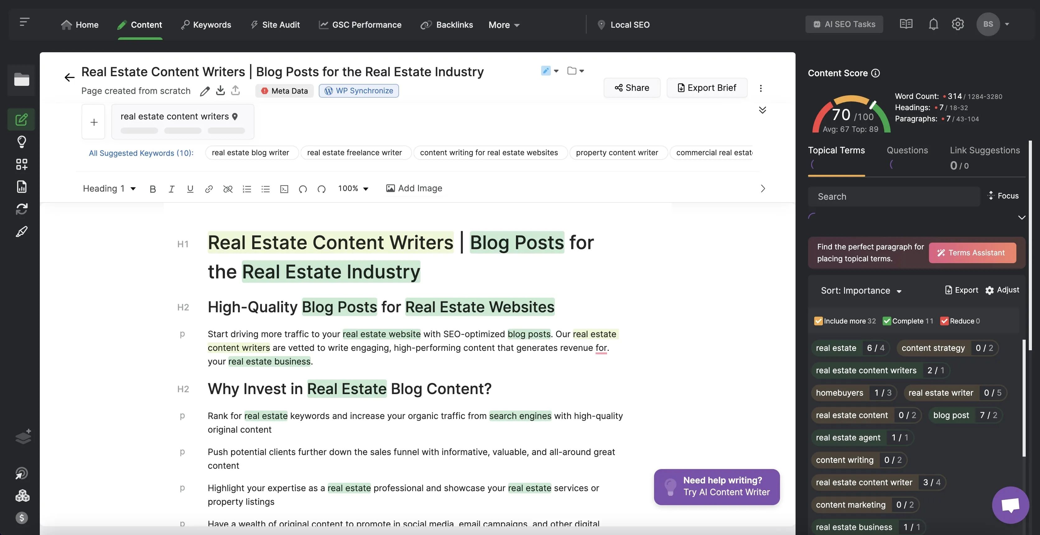 SearchAtlas content editor for the keyword “real estate content writers” displaying a drafted SEO blog post with keyword suggestions, content score meter, and optimization insights