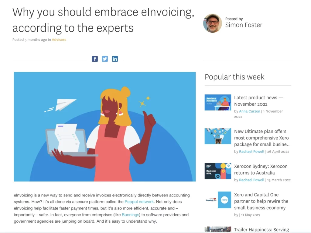 Article titled “Why you should embrace eInvoicing, according to the experts” by Simon Foster, featuring an illustration of a woman using a laptop