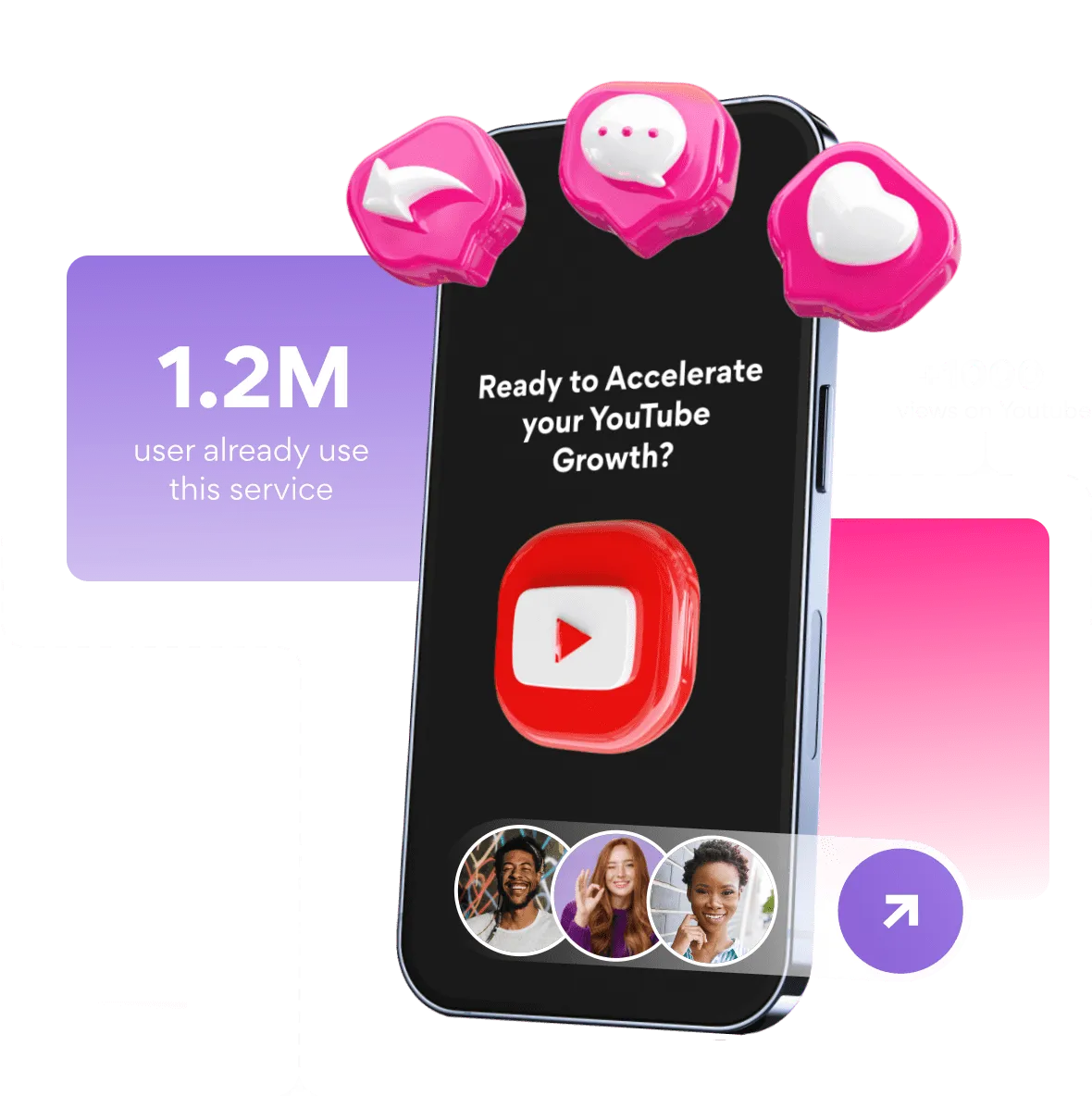 3D illustration of a smartphone screen promoting YouTube growth services, showing social icons like like, comment, and share, with a bold red YouTube play button and user avatars below.