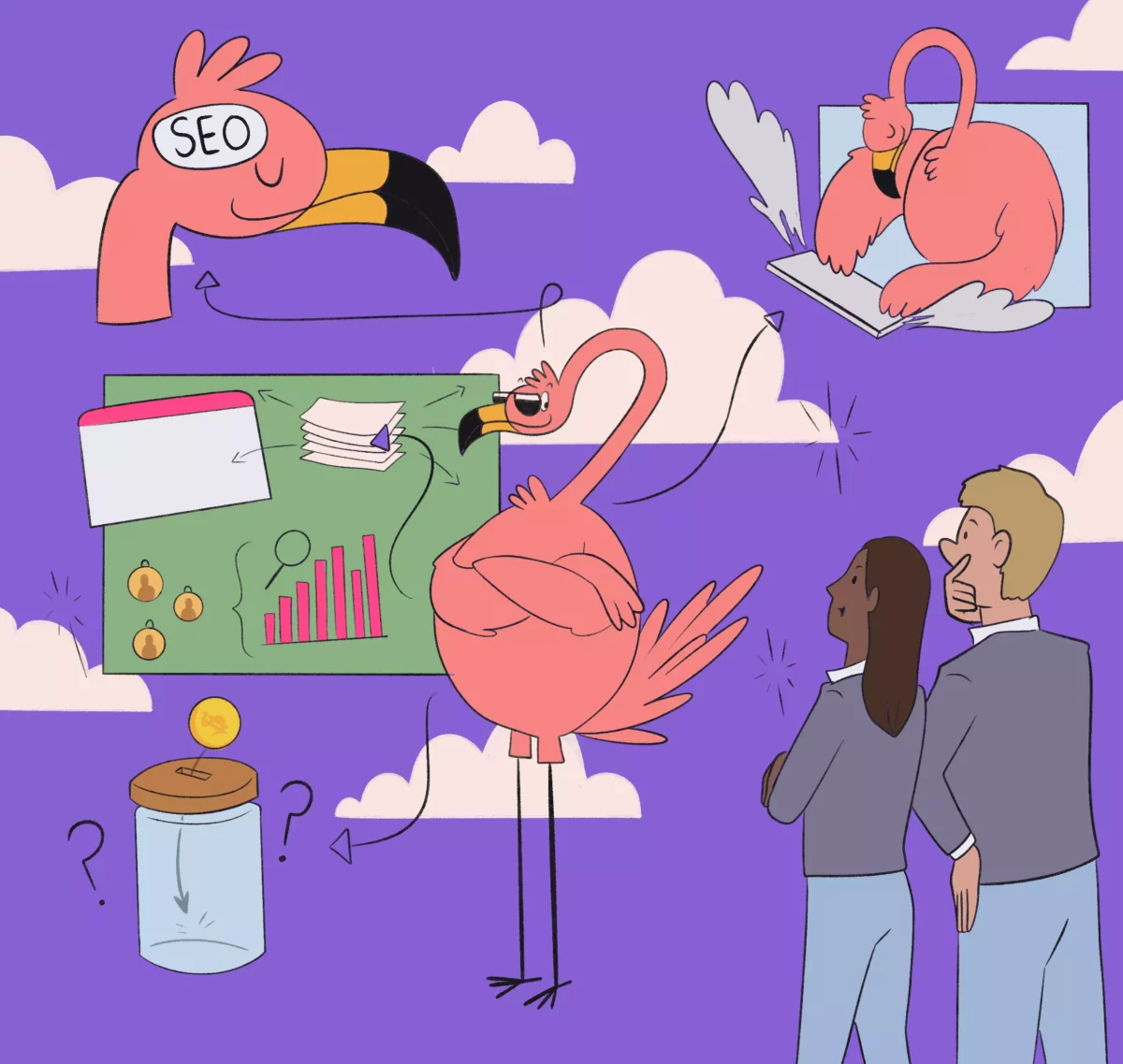 Cartoon-style illustration of a flamingo explaining SEO concepts with graphs, coins, papers, and laptops, while two people watch curiously.
