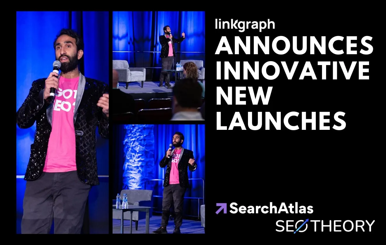 LinkGraph announces innovative new launches at event, with speaker presenting on stage in a pink “Got SEO?” shirt; logos of SearchAtlas and SEO Theory displayed