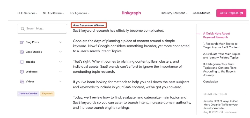 LinkGraph blog post titled “SaaS keyword research has officially become complicated” authored by Ioana Wilkinson, with side navigation showing article sections