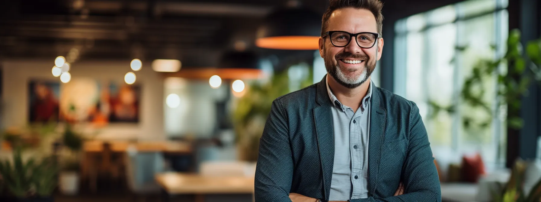 A man with glasses and a beard stands smiling in a modern, well-lit office space with crossed arms.
