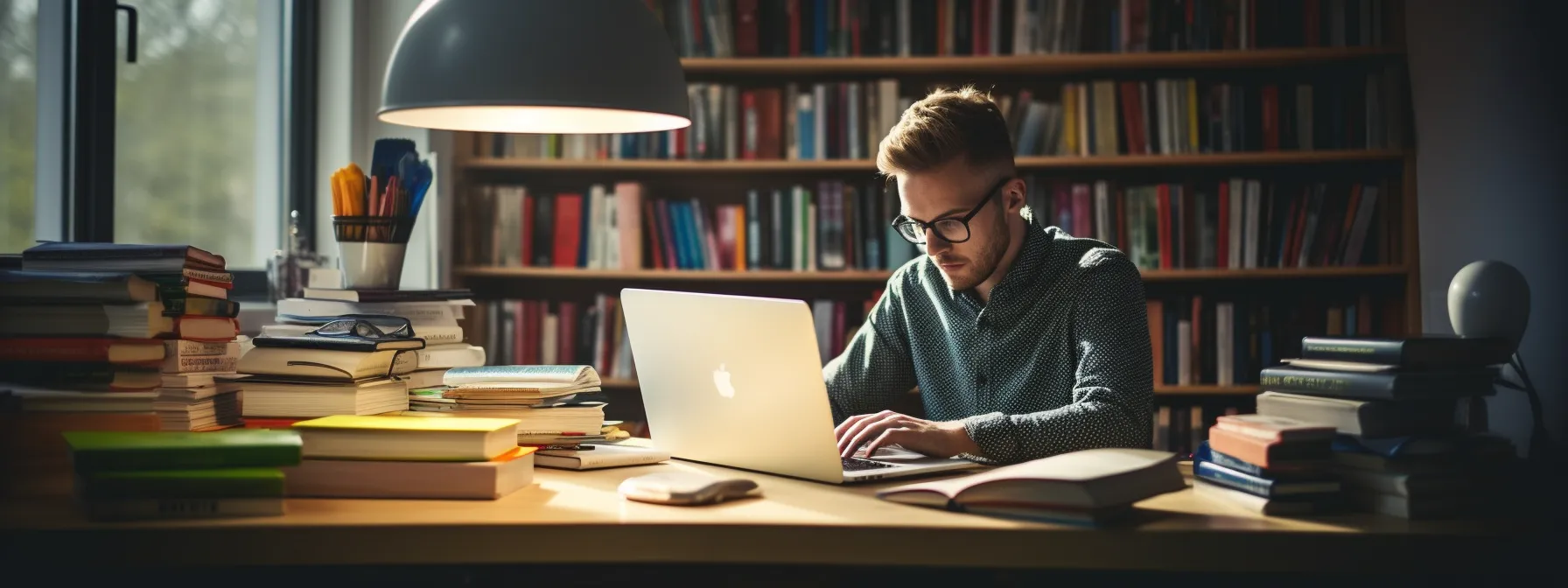 A person wearing glasses works on a laptop at a desk surrounded by books in a library or study room with shelves filled with books in the background.