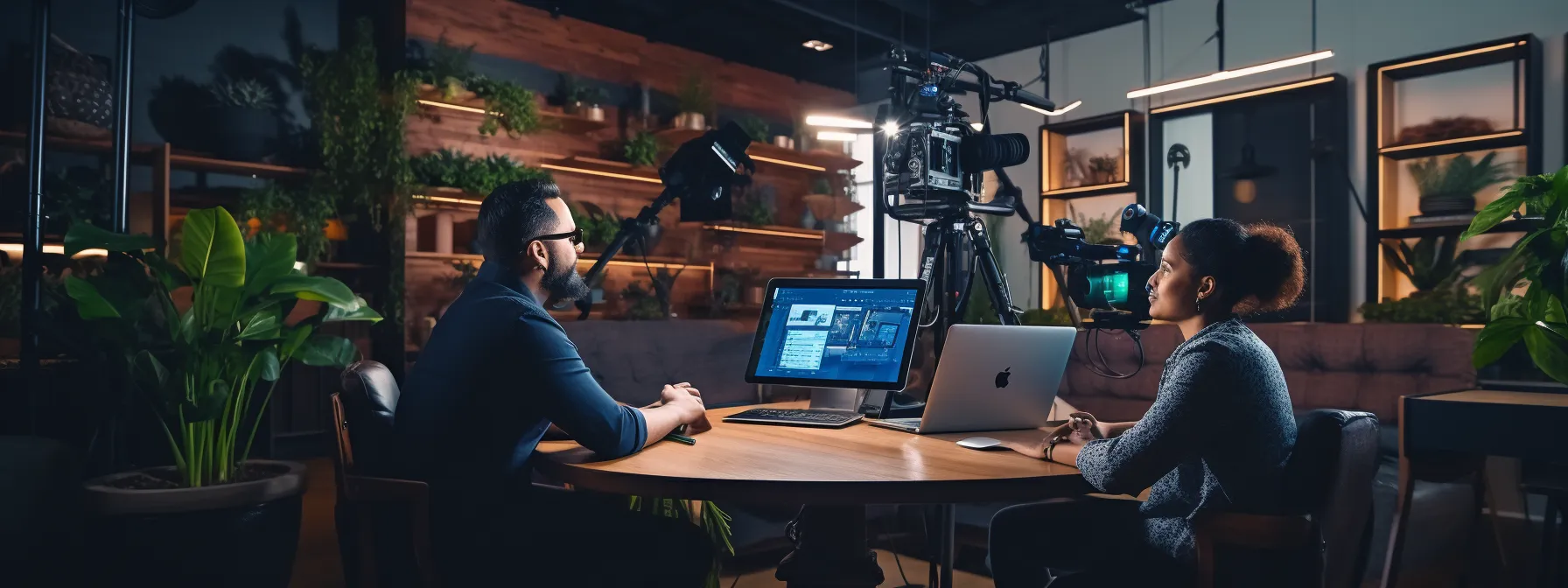 Two professionals filming an interview or podcast in a modern studio with video cameras, monitors, and indoor plants.