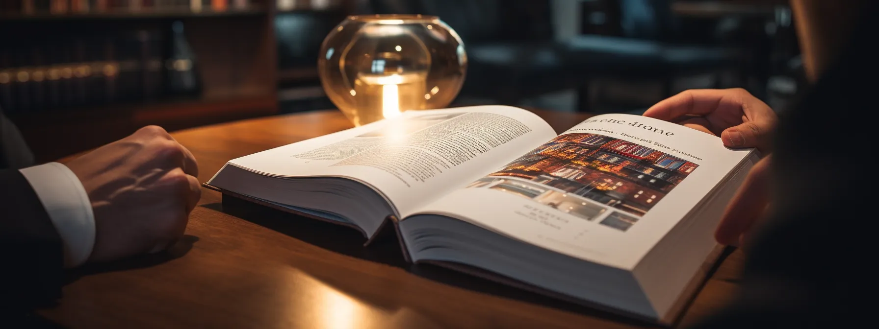 Two people reading an open book on a wooden table, illuminated by warm candlelight in a cozy, dimly lit library or study room.