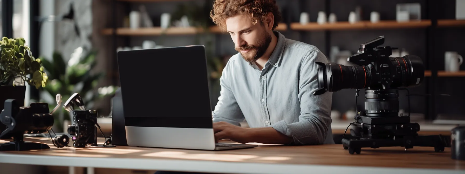 A man sits at a desk working on a laptop, with professional camera equipment placed nearby in a modern, well-lit office.