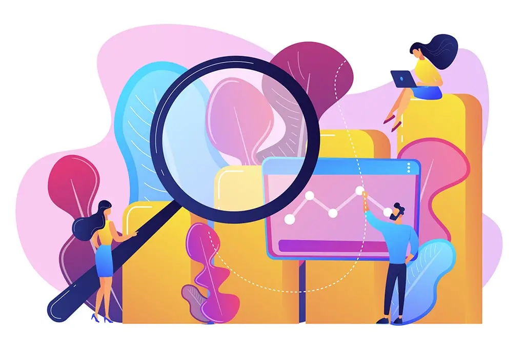 Marketers with magnifier research marketing opportunities chart. Marketing research, marketing analysis, market opportunities and problems concept. Bright vibrant violet vector isolated illustration