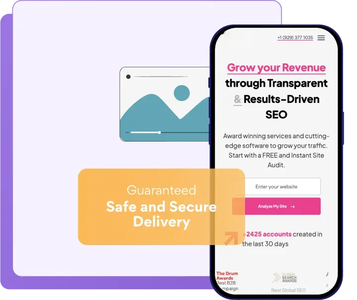 Smartphone screen displaying LinkGraph’s SEO services webpage with bold text promoting “Transparent & Results-Driven SEO,” a site audit form, and customer growth statistics, alongside a visual banner reading “Guaranteed Safe and Secure Delivery.”