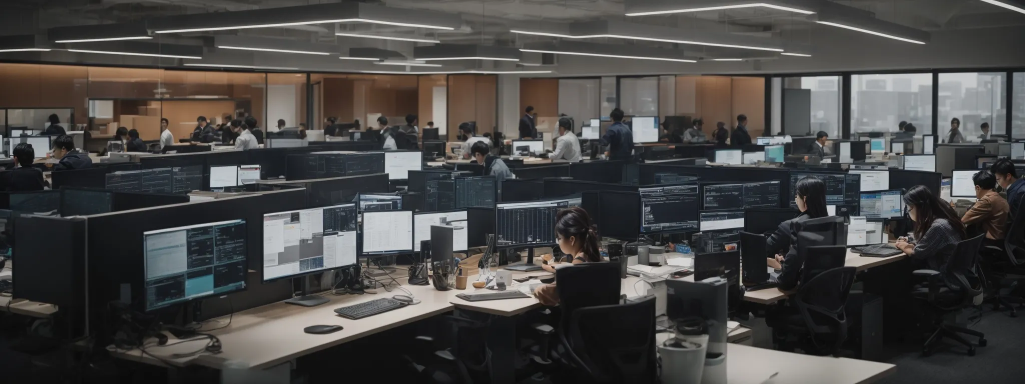 a bustling digital marketing office with employees analyzing data on computer screens showcasing search engine results and ad placements.