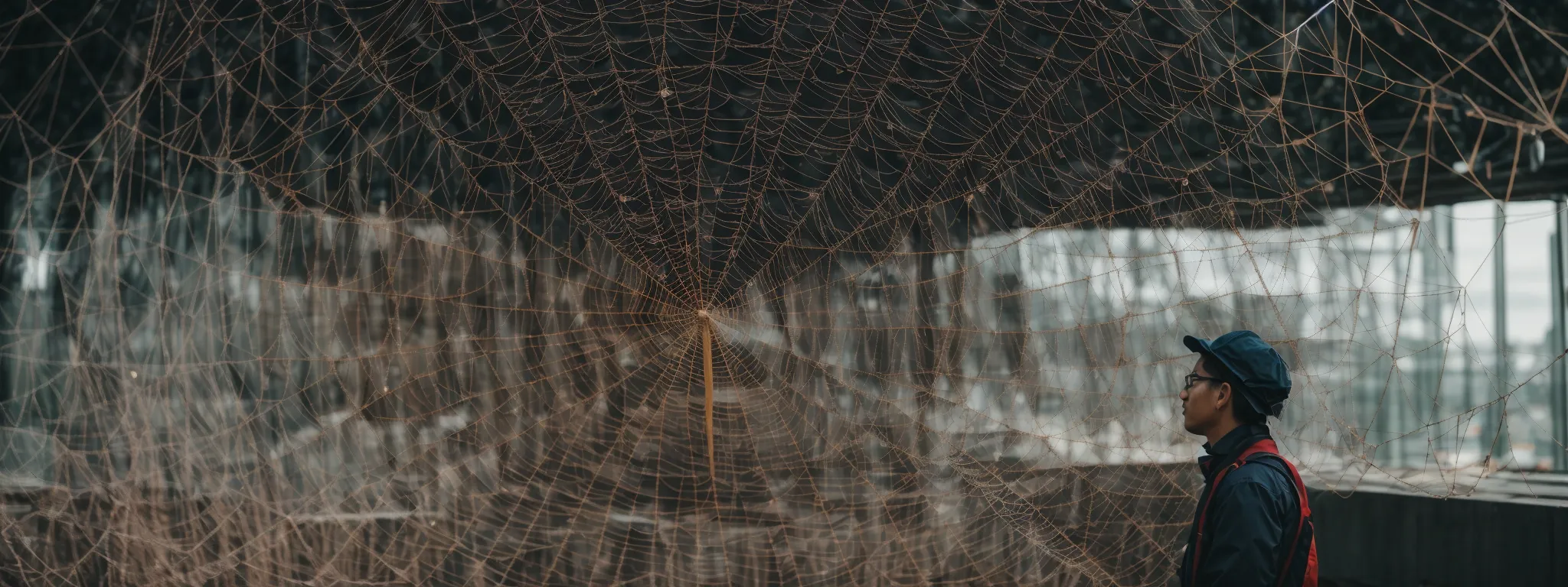 a person examining a large, intricate web structure representing the complexity of seo data analysis.