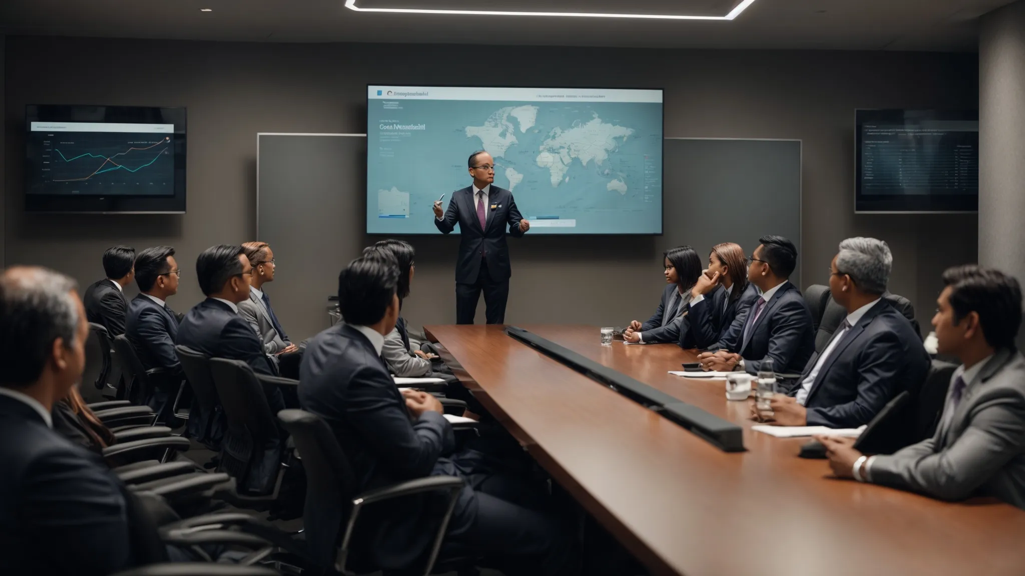 an executive presents a digital marketing strategy on a screen to government officials in a conference room.