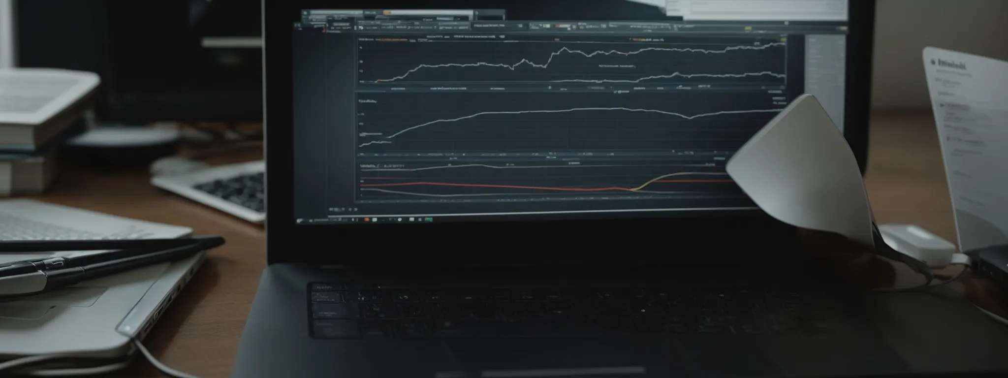 A laptop displaying financial or analytical charts on its screen, with papers and other office supplies scattered on a wooden desk.