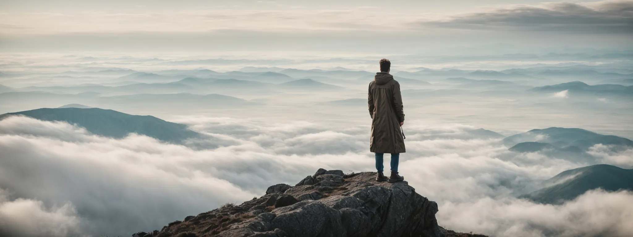 a confident person stands on a summit, overlooking a vast network of interconnected paths stretching out into the horizon.