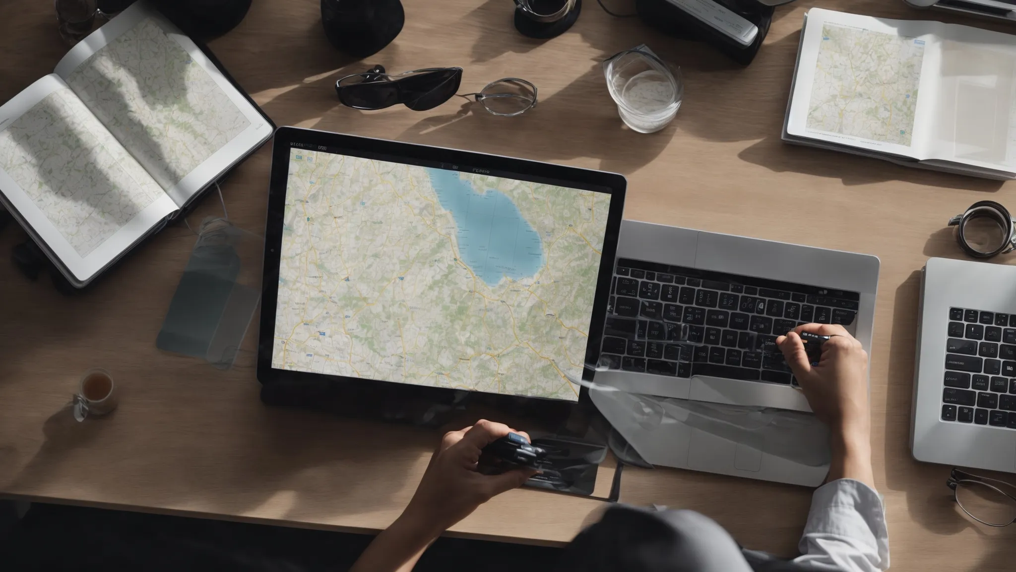 a person sitting at a desk with multiple digital devices, analyzing a map and business data on screen.