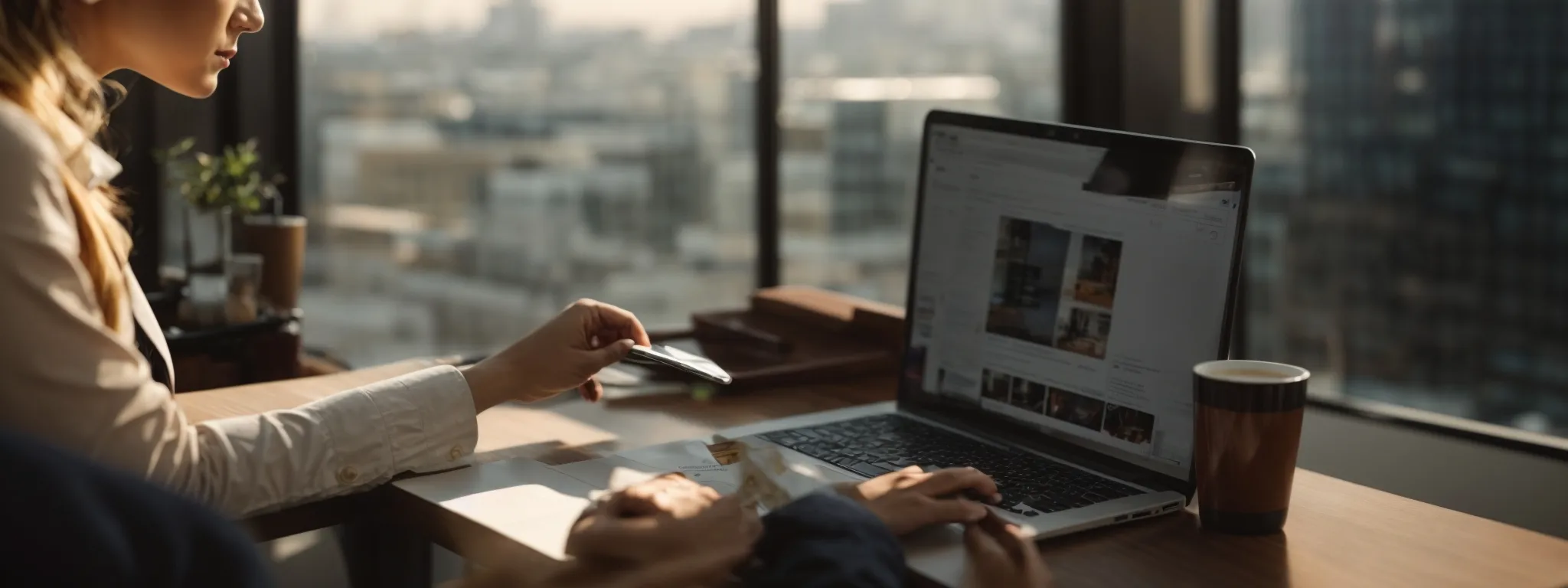 Two people work at a desk with a laptop, documents, a pen, and a coffee cup in front of a large window overlooking a cityscape.