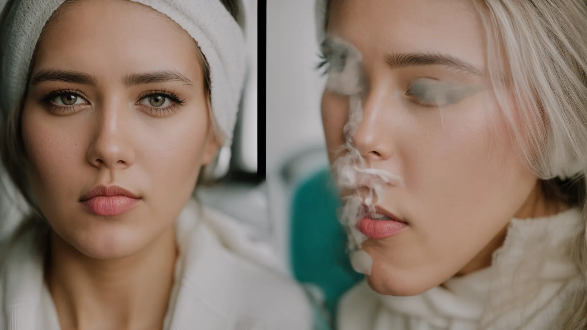 a before-and-after comparison of a person's facial transformation post-cosmetic surgery.