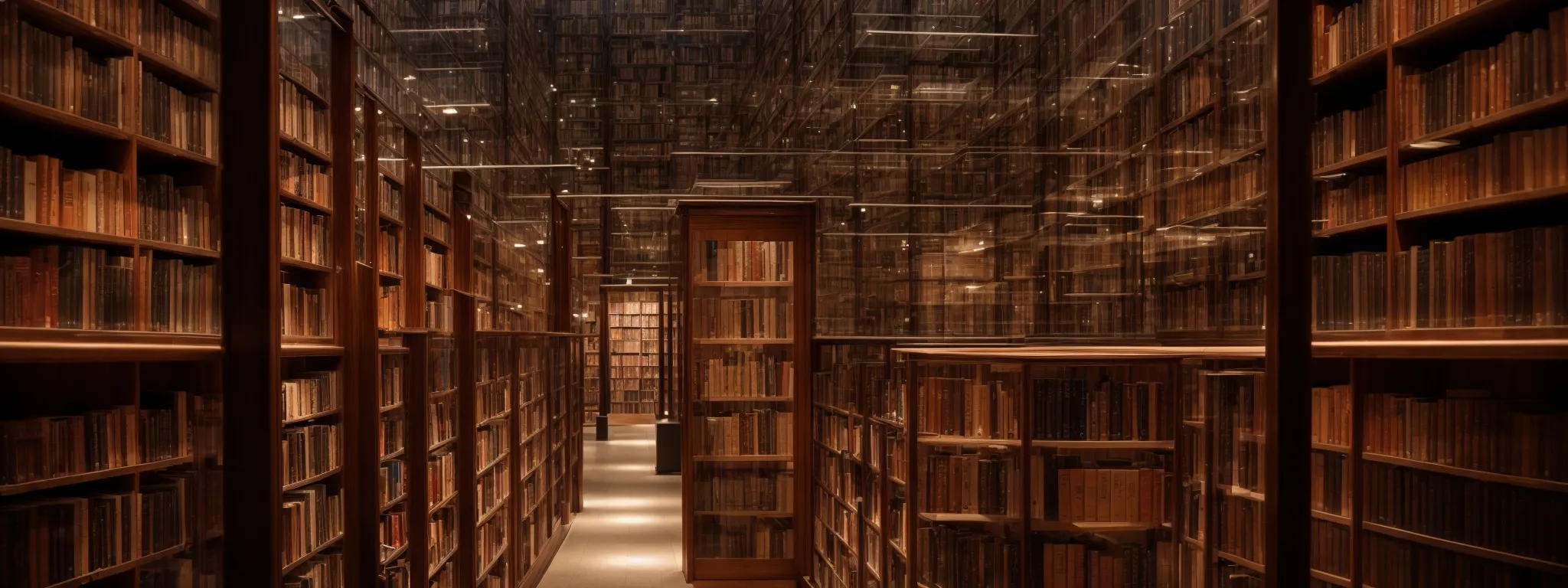 Rows of tall wooden bookshelves filled with books line a narrow, well-lit library aisle, with reflective glass walls and ceiling enhancing the sense of depth.