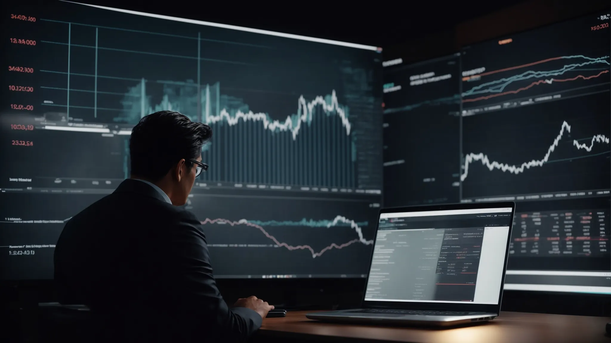 a businessperson pondering over a laptop with a visible display of rising and falling graphs symbolizing seo trends and uncertainties.