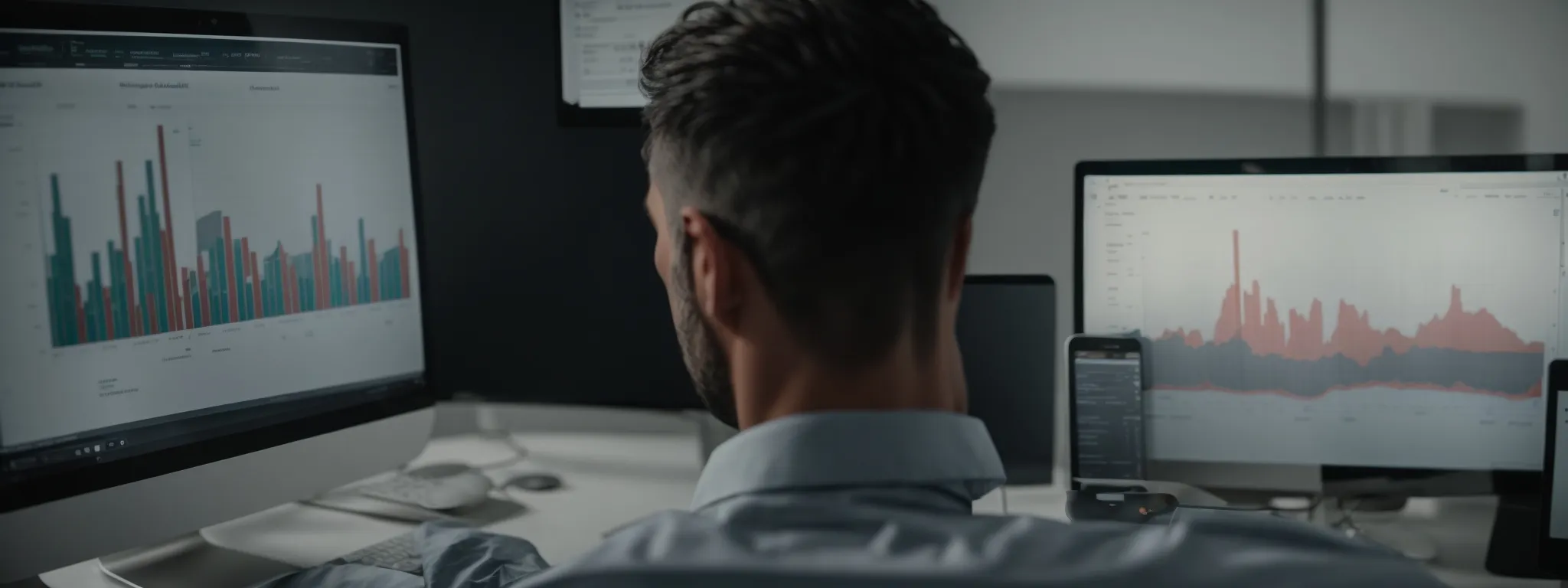 A man sits at a desk in front of two monitors displaying bar and line graphs, analyzing data in a dimly lit office.