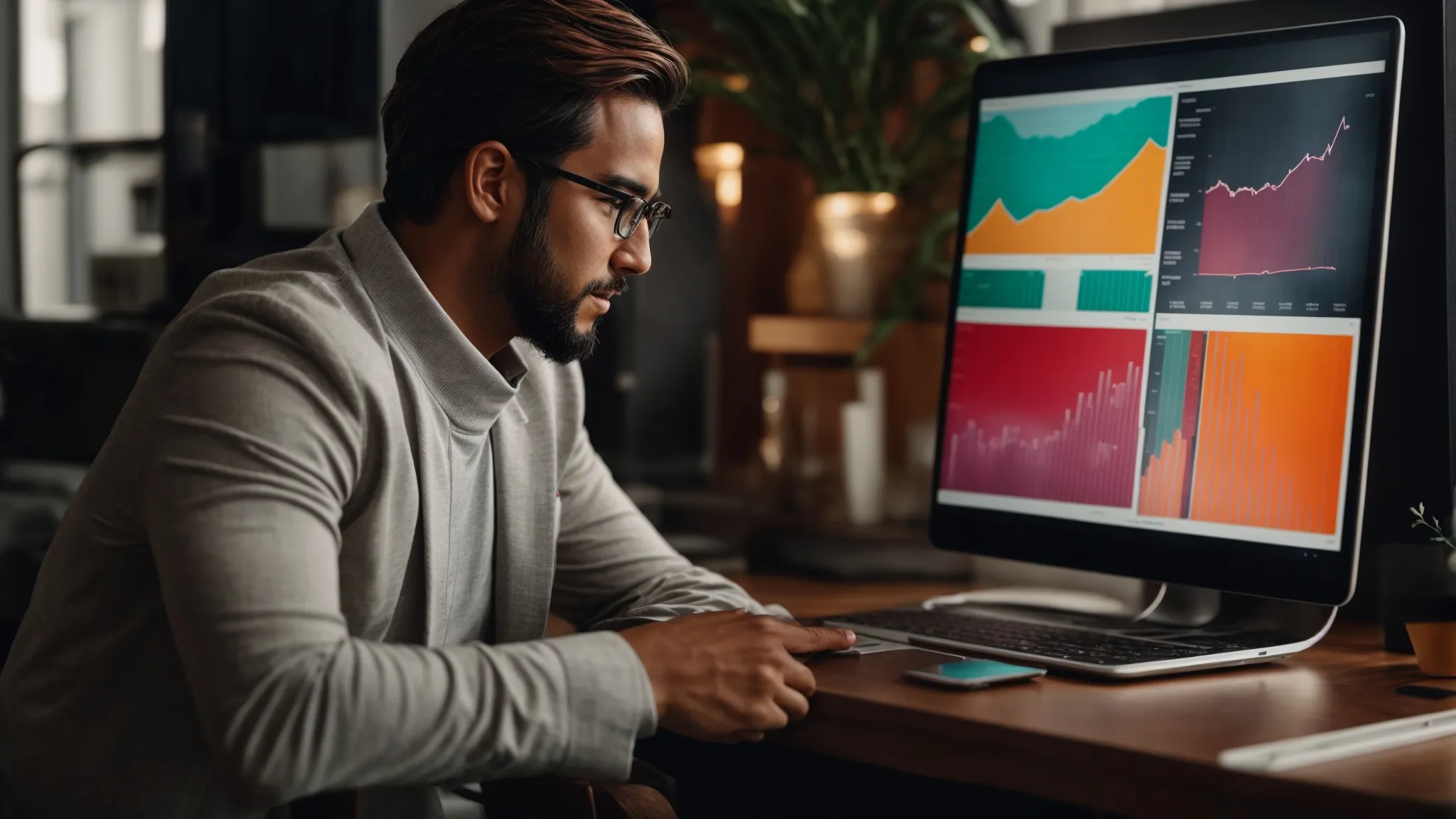a small business owner discusses strategies with a marketer over a laptop screen displaying colorful analytics graphs.