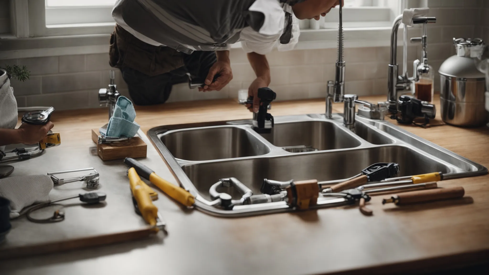 a plumber adjusting pipes under a modern kitchen sink with various tools laid out on a countertop.