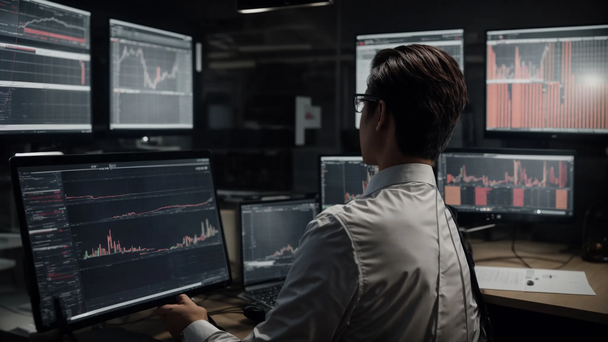 a marketer reviews data charts on a computer screen to analyze the results of a recent campaign test.