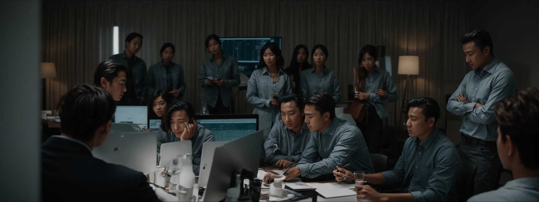 a group of professionals gathered around a large monitor, actively engaged in a digital strategy session.