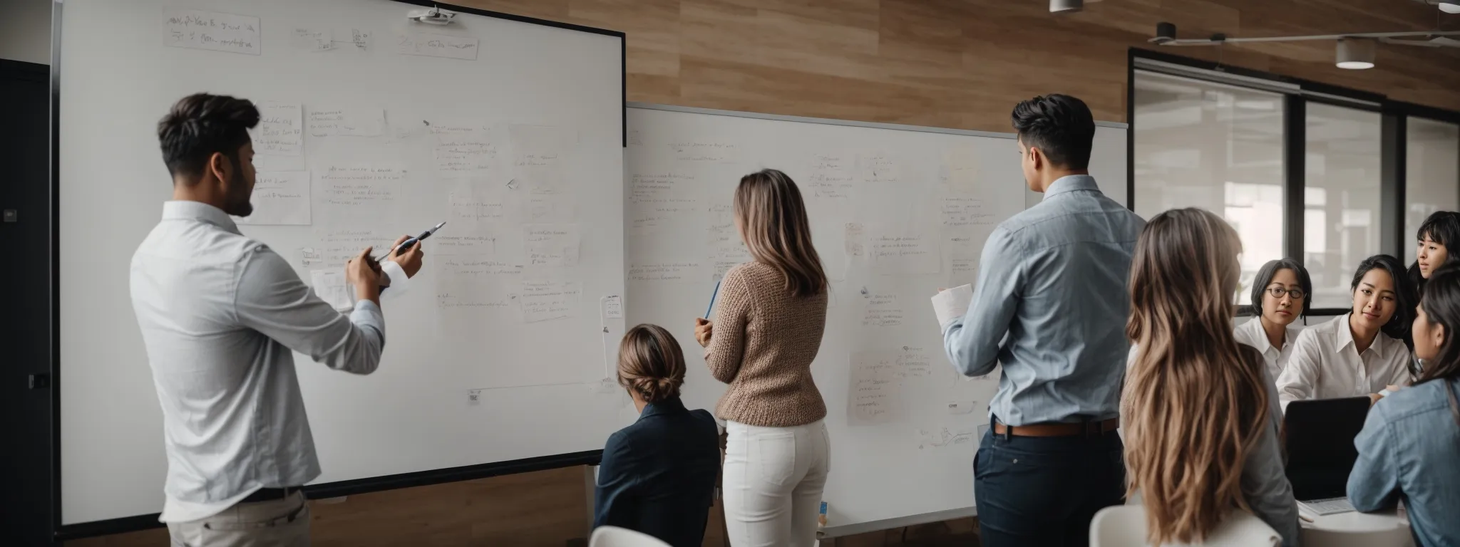 Team collaborating in a modern office, with several people standing and sitting around whiteboards covered in notes and diagrams during a brainstorming session.