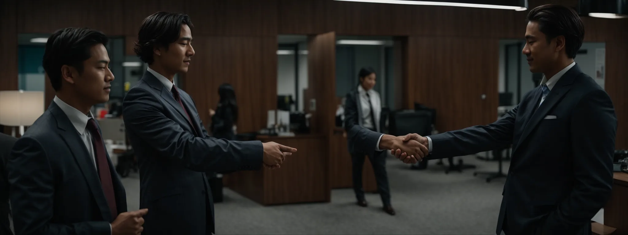 Three men in suits stand in an office; two point at the third man, who extends his hand for a handshake. Other people work in the background.
