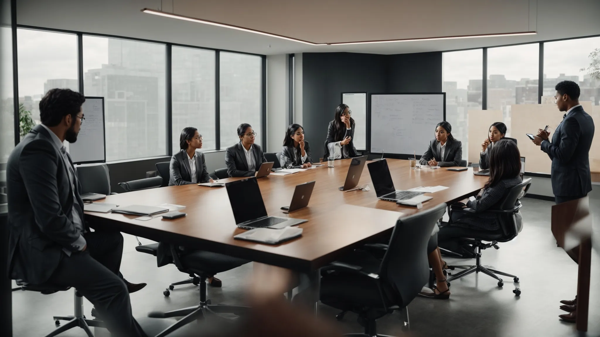 an office meeting where a diverse team intently discusses strategies over a large table, with digital devices and a whiteboard visible.
