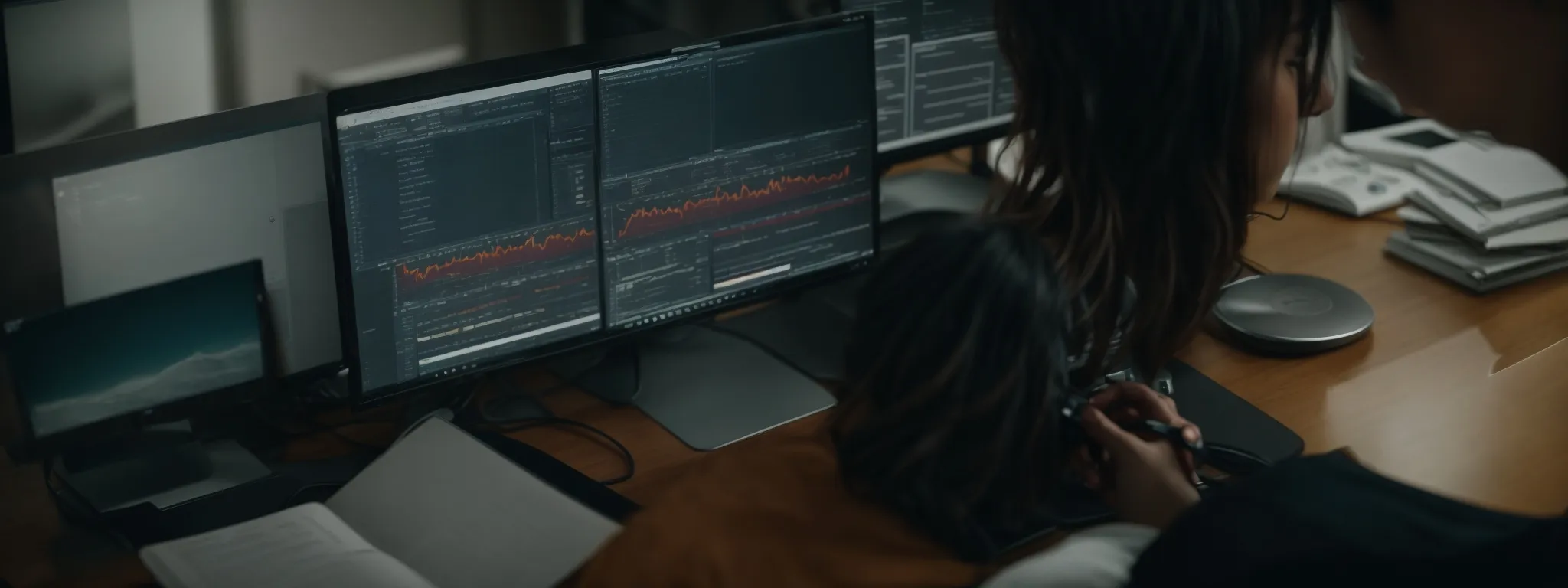 a marketer thoughtfully staring at two computer screens comparing software interfaces.