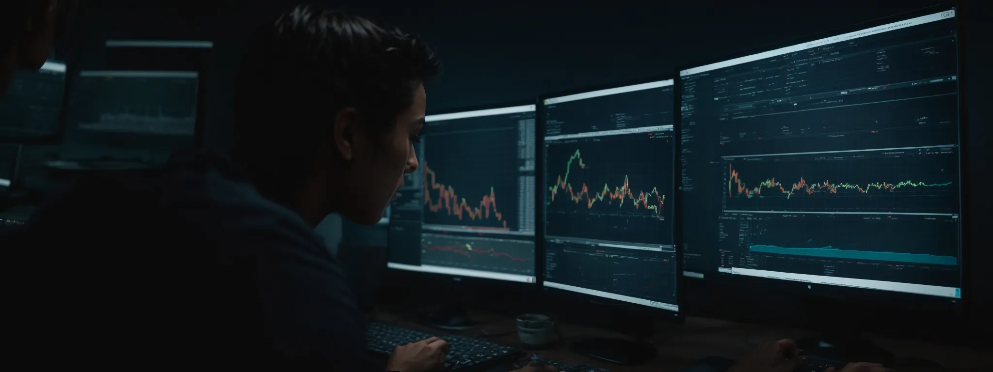 Person analyzing financial charts and data on three computer monitors in a dark room.