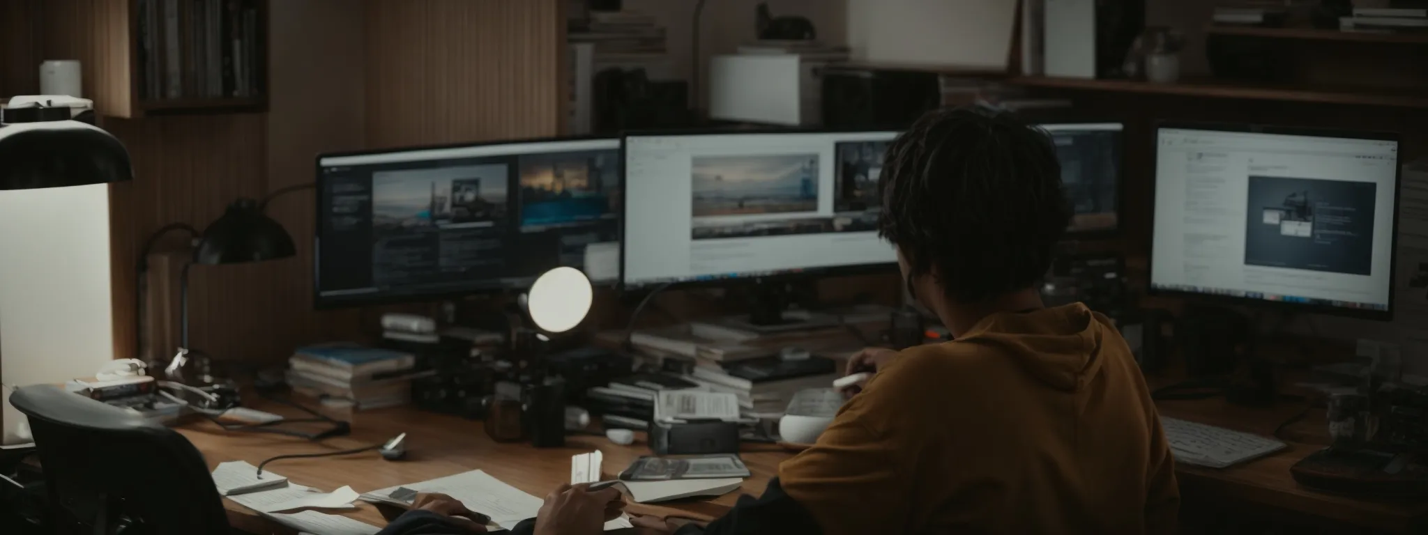 a person sitting at a computer in a home office, typing intently with reference books and notes scattered on the desk.