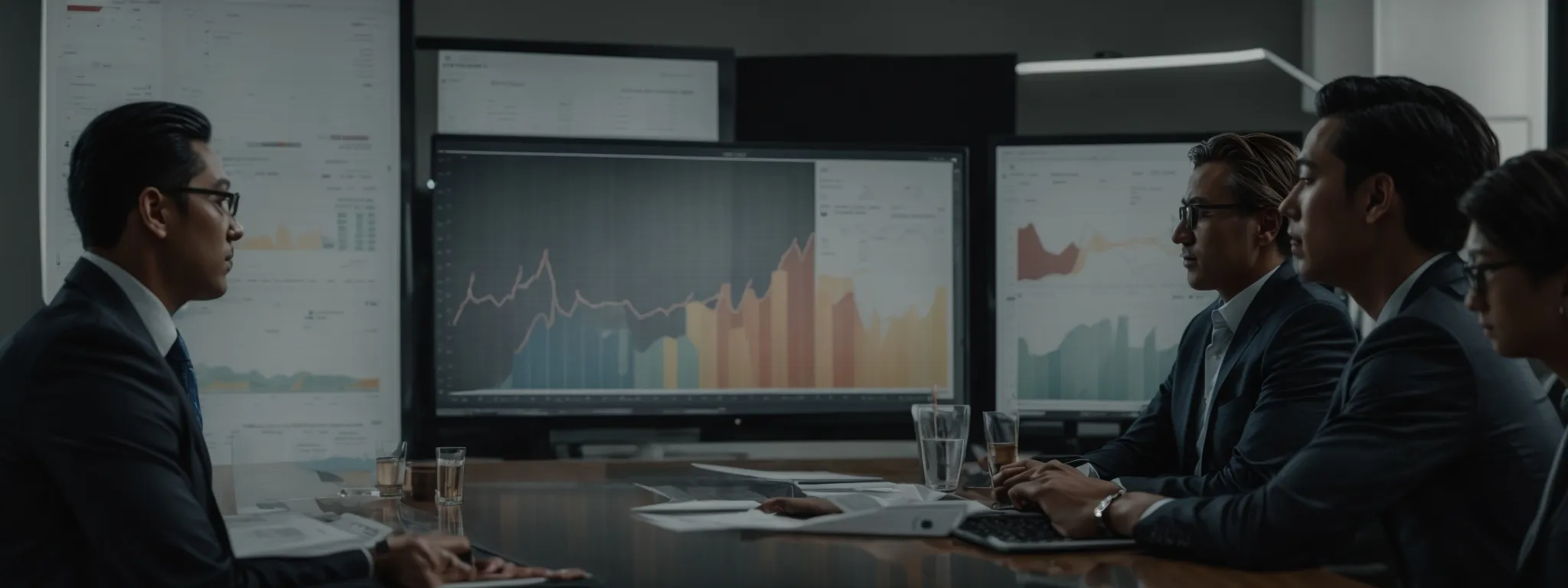 Four people in suits sit at a conference table discussing financial charts and graphs displayed on large monitors in a modern office setting.