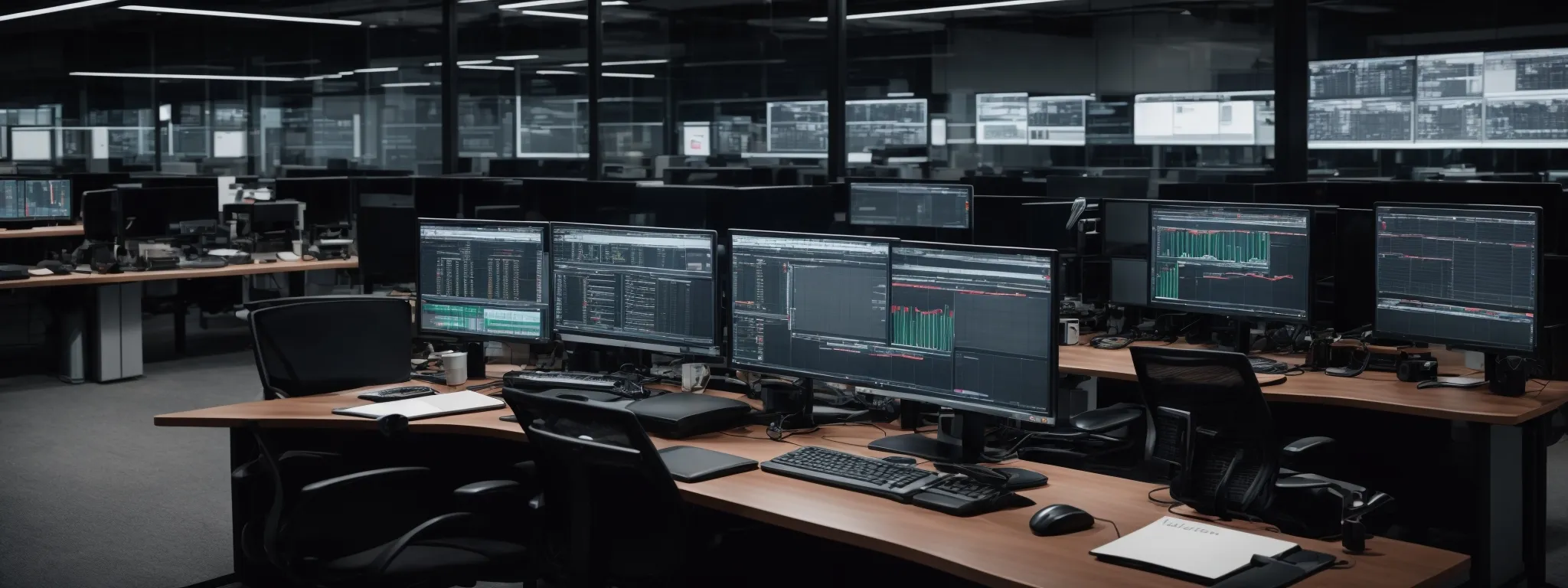 a sleek modern office with multiple computer monitors displaying various analytics and marketing software dashboards.