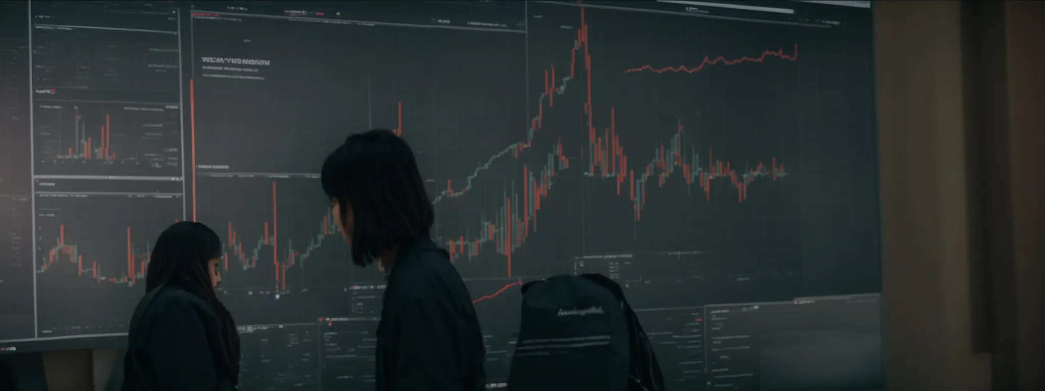 a person with a magnifying glass scrutinizes a bar graph on a large monitor displaying website traffic analytics.