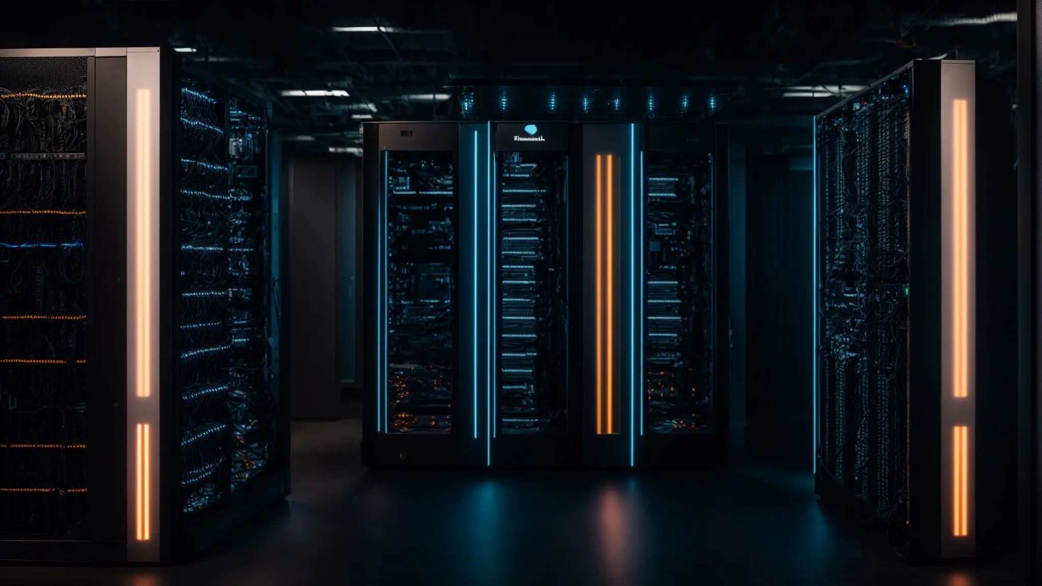 a server rack in a data center with glowing lights indicating active network traffic.
