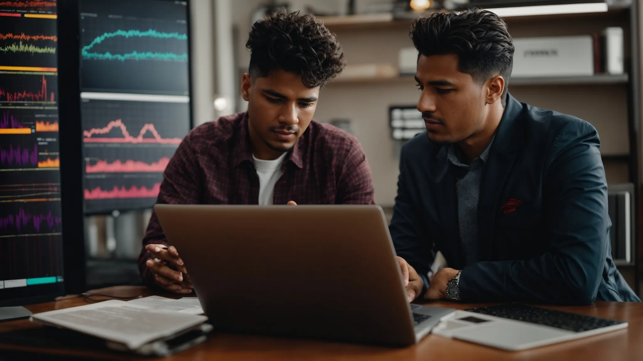 two professionals engage in an animated discussion over a laptop displaying colorful graphs and location markers.