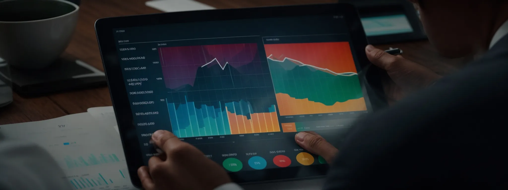 Person analyzing colorful financial charts with fluctuating line and bar graphs on a tablet at a desk.