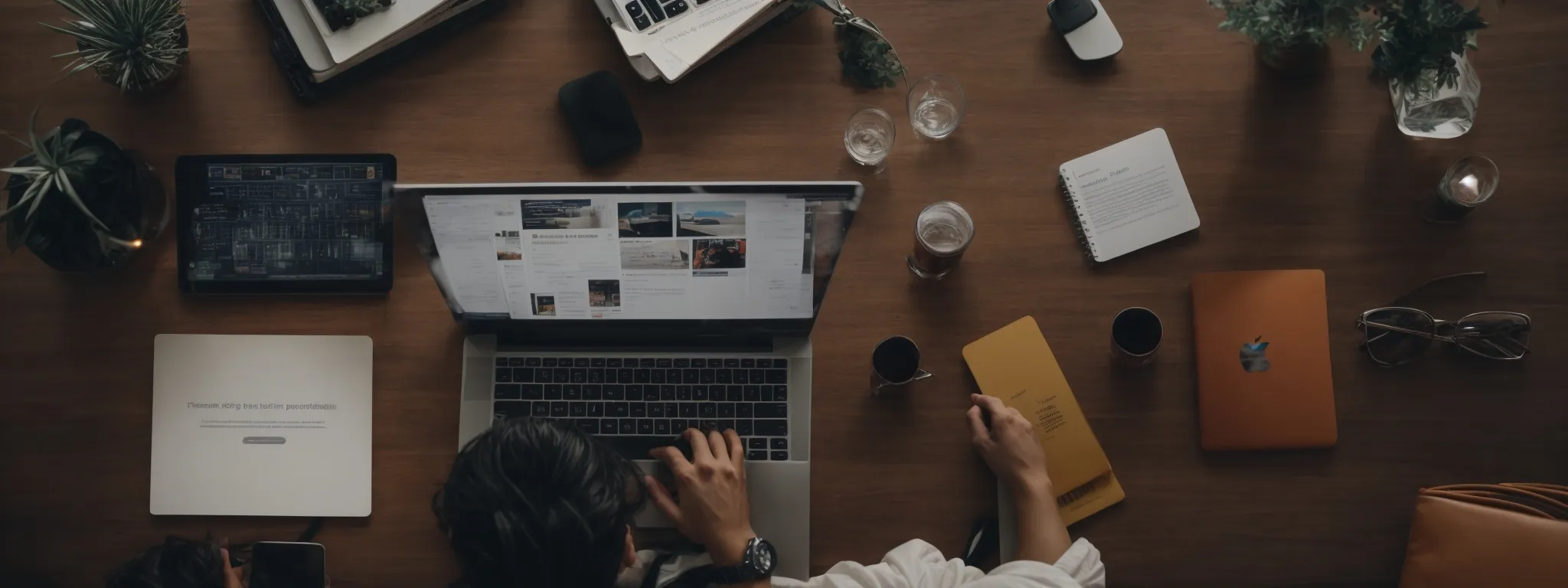 a person typing on a laptop surrounded by digital marketing iconography.