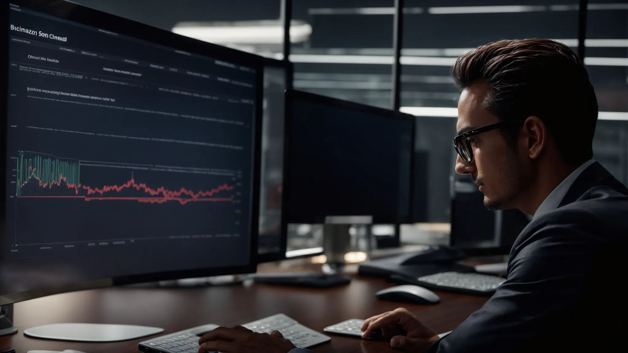a business professional analyzing a graph on a computer screen, reflecting the performance of amazon sales margins.