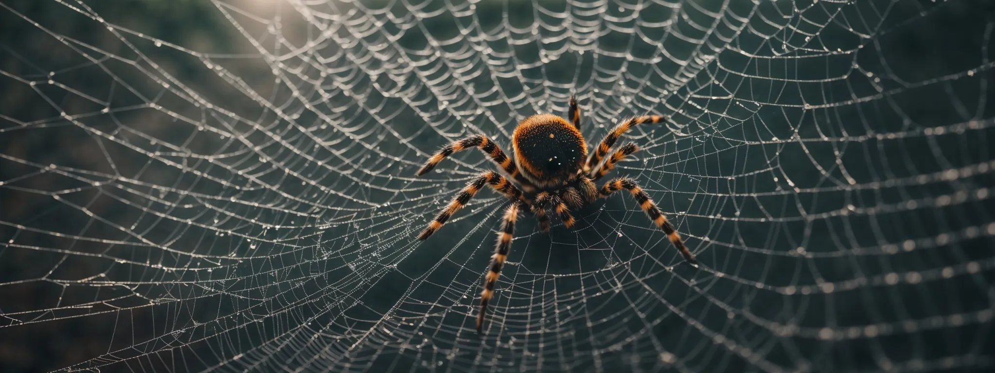 A spider with striped legs sits at the center of its symmetrical web, which is covered in small water droplets.