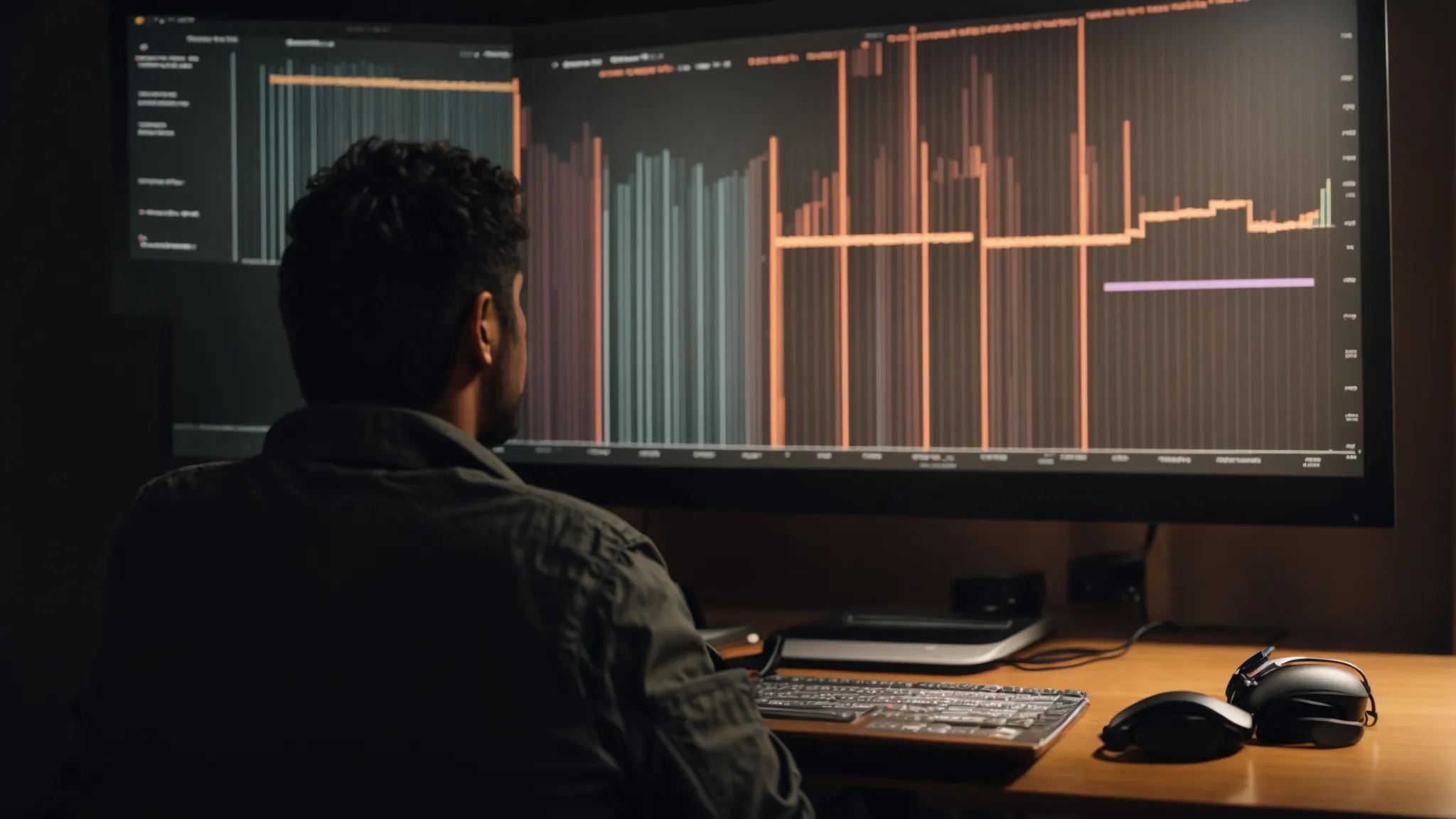 a person sits in front of a computer, analyzing a bar graph showing website rankings.