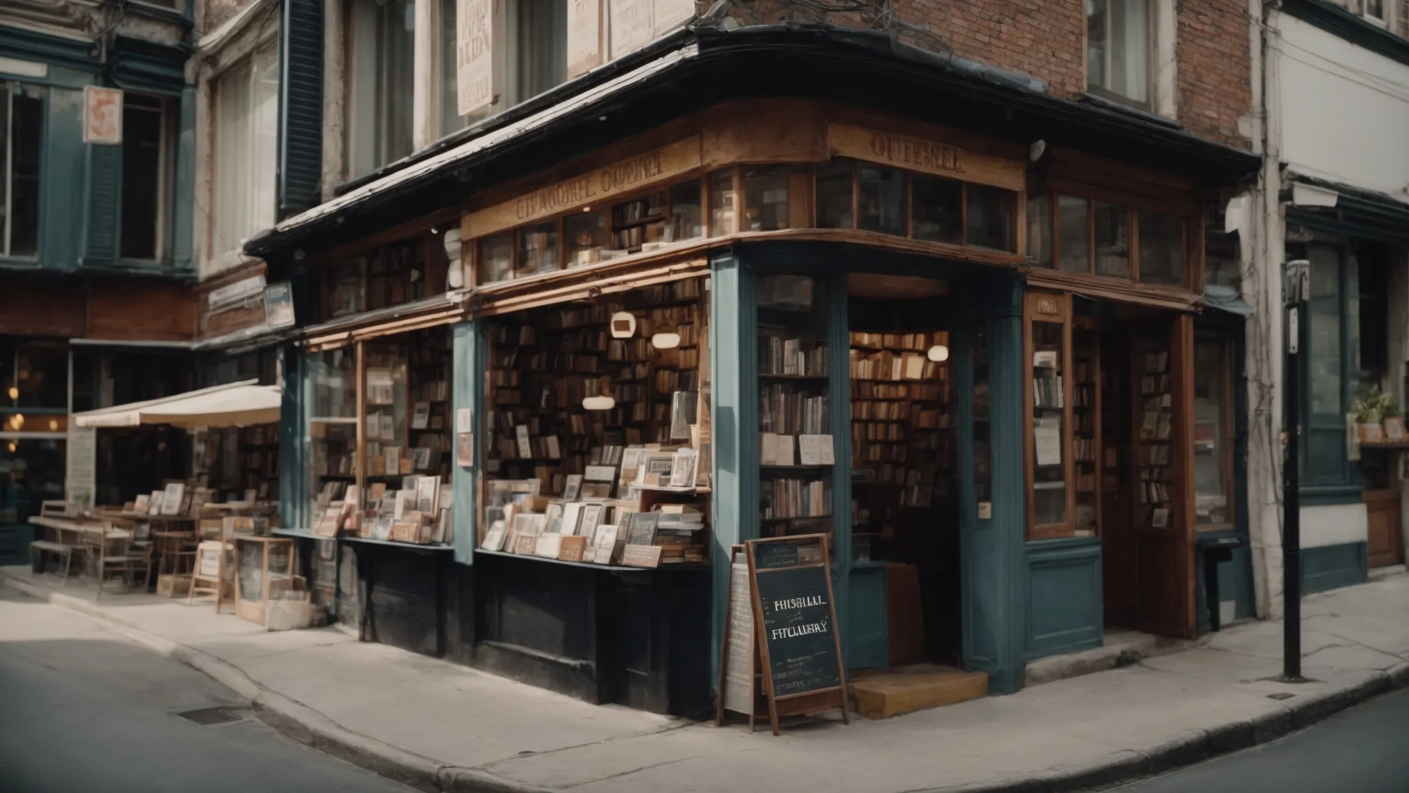 a small bookstore nestled between cafes on a bustling street, with a prominent "open" sign and local flags.