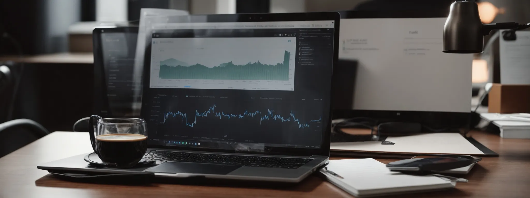 a laptop with statistics on the screen sits beside a notepad and a cup of coffee on a modern desk.