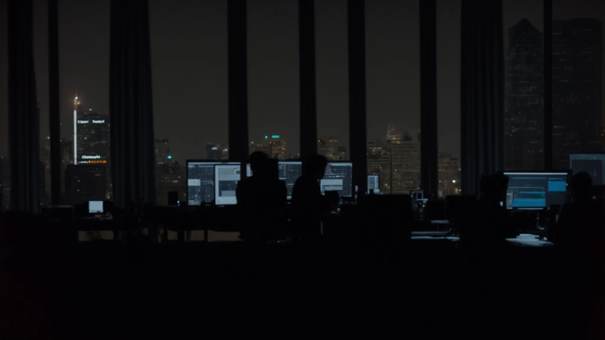 a panoramic view of the raleigh, north carolina skyline with silhouettes of professionals in the foreground working on computers.