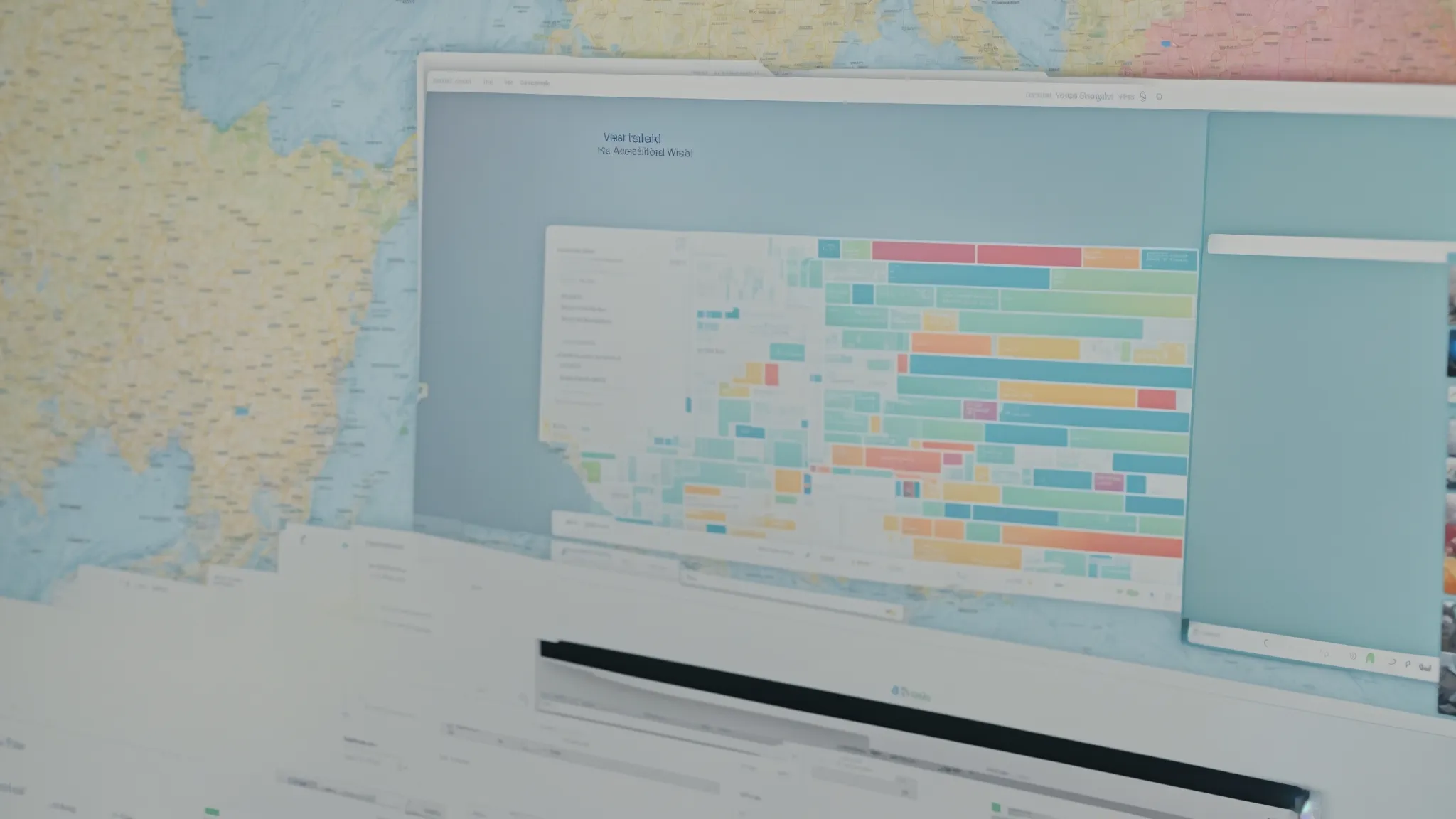 a computer screen displaying a colorful graph of website analytics with a magnifying glass hovering over a map.