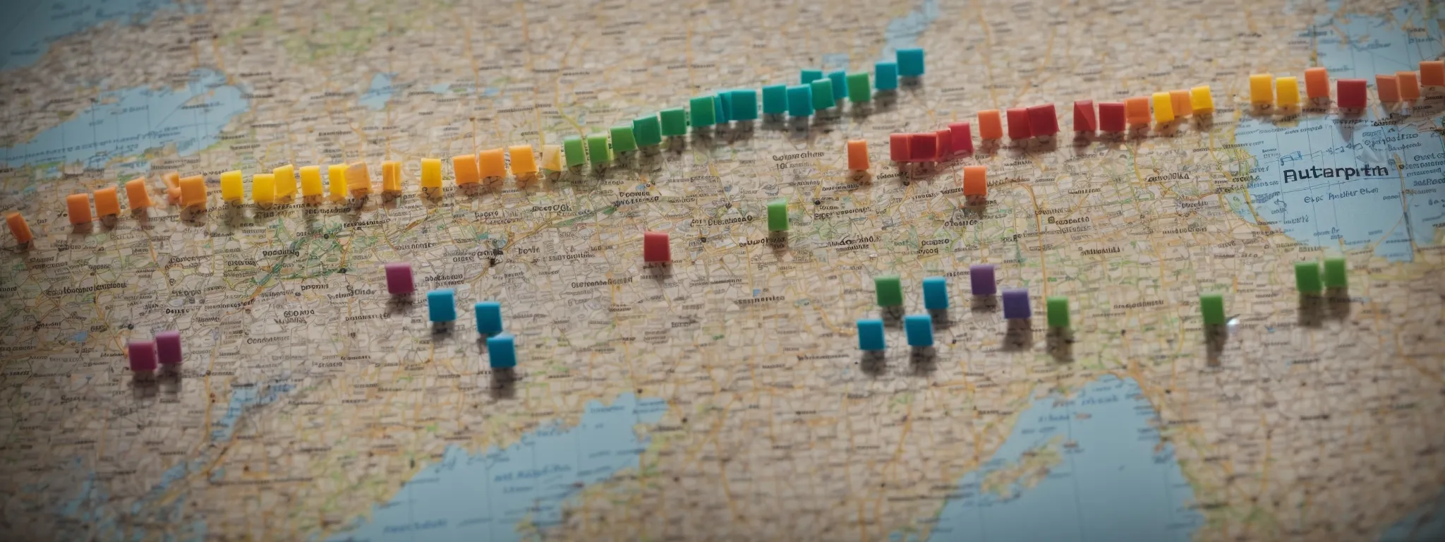 a map with various color-coded pins indicating different locations on a cityscape background.